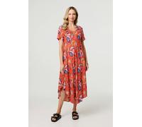 Izabel London Paisley Relaxed Short Sleeve Midi Dress In Orange Orange 12