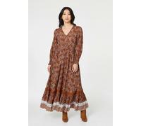 Izabel London Paisley Shirred Lace Trim Maxi Dress - 14 - Rust