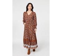 Izabel London Paisley Shirred Lace Trim Maxi Dress - 12 - Rust