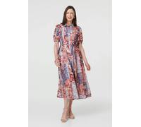 Izabel London Patchwork 1/2 Puff Sleeve Midi Dress - 18 - Red