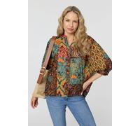 Izabel London Women's Patchwork 3/4 Sleeve Curve Hem Blouse in Green | Size: 12