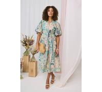 Izabel London Patchwork Print 1/2 Puff Sleeve Midi Dress In Green Green 12
