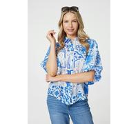 Izabel London Patchwork Print 1/2 Puff Sleeve Shirt - Blue - 8