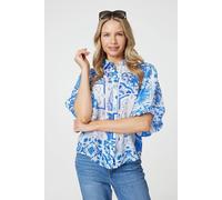 Izabel London Patchwork Print 1/2 Puff Sleeve Shirt In Blue Blue 16