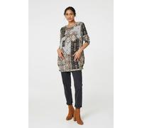 Izabel London Patchwork Print Long Sleeve Scoop Neck Tunic - Beige - 8
