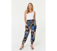 Izabel London Patchwork Print Pocket Front Harem Pants - 12 - Blue