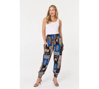 Izabel London Patchwork Print Pocket Front Harem Pants In Blue Blue