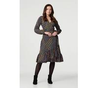 Izabel London Patchwork Print Ruffled Wrap Dress for Women UK with Long Sleeves, v-Neck and Waist tie. Black