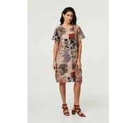 Izabel London Patchwork Print Short Shift Dress - S - Beige