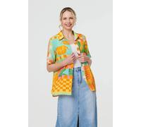 Izabel London Patchwork Print Short Sleeve Boxy Shirt In Orange Orange 18