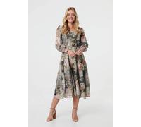 Izabel London Patchwork Print Tie Waist Midi Dress In Green Green 12