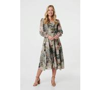Izabel London Patchwork Print Tie Waist Midi Dress - Olive - 12