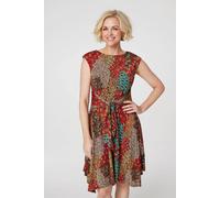 Izabel London Peacock Print Tie Front Dress In Orange Orange 12