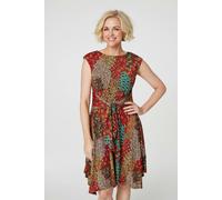 Izabel London Peacock Print Tie Front Dress - Orange - 12