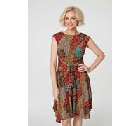 Izabel London Peacock Print Tie Front Dress - Orange - 18