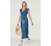 Izabel London Women's Peacock Print V-Neck Maxi Dress in Blue | Size: 10 Izabel London Blue 10