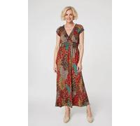 Izabel London Women's Peacock Print V-Neck Maxi Dress in Orange | Size: 10 Izabel London Orange 10