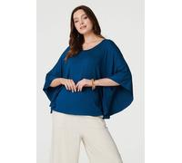 Izabel London Plain Round Neck 3/4 Batwing Top for Women UK with Ruched Round Neck and Hip Length Hem. Blue