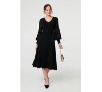 Izabel London Pleated Lace Puff Sleeve Midi Dress for Women UK with a Knit top, tie Waist and semi Sheer lace. Black