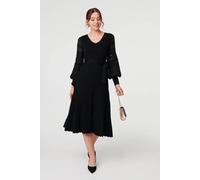 Izabel London Pleated Lace Puff Sleeve Midi Dress In Black Black