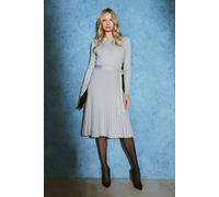 Izabel London Pleated Tie Waist Ribbed Knit Midi Dress In Silver Silver