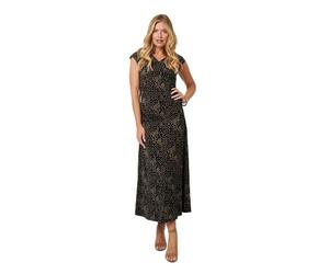 Izabel London Polka Dot Cap Sleeve A-Line Maxi Dress for Women UK with a v-Neck, a Fitted Shape and Cap Sleeves. Black