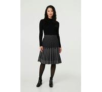 Izabel London Women's Polka Dot Pleated Knit Skater Midi Dress in Black | Size: 8