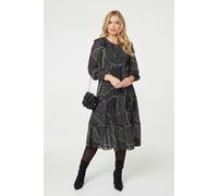 Izabel London Polka Dot Print Puff Sleeve Midi Dress - Black - 16