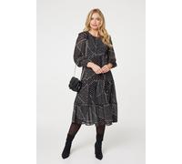 Izabel London Polka Dot Print Puff Sleeve Midi Dress In Black Black 10