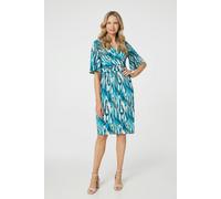 Izabel London Printed 1/2 Angel Sleeve Faux Wrap Dress - Green - 16