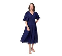 Izabel London Printed 1/2 Puff Sleeve Empire Maxi Dress for Women UK with a v-Neck and a Ruffled midi Skirt. Navy