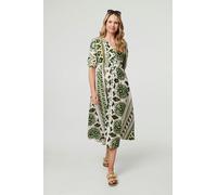 Izabel London Women's Printed 1/2 Sleeve A-Line Midi Dress in Green | Size: 10 Izabel London Green 10