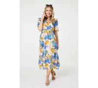 Izabel London Printed 1/2 Sleeve Belted Midi Dress for Women UK with v-Neck, Pockets, Belt and 1/2 Sleeves. Blue