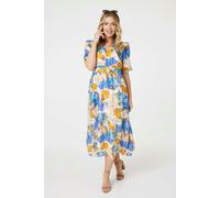 Izabel London Printed 1/2 Sleeve Belted Midi Dress - Blue - 14