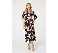 Izabel London Printed 1/2 Sleeve Midi Wrap Dress for Women UK with v-Neck, Angel Sleeves and midi Length Hem. Black