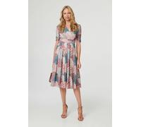 Izabel London Printed 1/2 Sleeve Pleated Midi Dress for Women UK with a Ruched Waist and a Faux wrap v-Neck. Beige