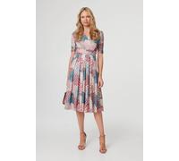 Izabel London Printed 1/2 Sleeve Pleated Midi Dress for Women UK with a Ruched Waist and a Faux wrap v-Neck. Beige