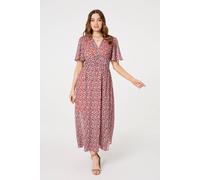 Izabel London Printed 1/2 Sleeve Ruched Midi Dress for Women UK with a v-Neck and an a-line Shape. Orange