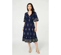 Izabel London Printed 1/2 Sleeve Shirred Midi Dress - 16 - Navy