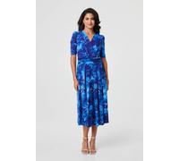 Izabel London Printed 1/2 Sleeve Wrap Midi Dress In Blue Blue 8
