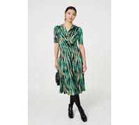 Izabel London Printed 1/2 Sleeve Wrap Waist Midi Dress - Green - 10