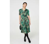Izabel London Printed 1/2 Sleeve Wrap Waist Midi Dress for Women UK with Front Pleats and a v-Neck. Green