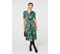 Izabel London Printed 1/2 Sleeve Wrap Waist Midi Dress In Green Green 8