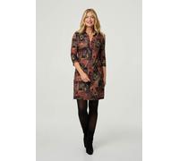 Izabel London Printed 3/4 Sleeve Collared Short Dress - 14 - Brown