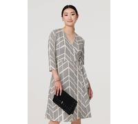 Printed 3/4 Sleeve Knee Length Wrap Dress Izabel London White 12