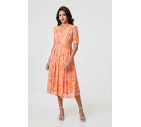 Izabel London Printed 3/4 Sleeve Ruched Midi Dress - Orange - 22