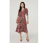Izabel London Printed 3/4 Sleeve V-Neck Midi Wrap Dress for Women UK with Pockets and a Faux wrap Front. Orange