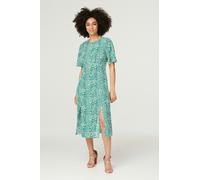 Izabel London Printed Angel Sleeve Tea Dress for Women UK with Round Neck, Short Sleeves and a midi Length Hem. Green