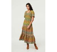 Izabel London Printed Angel Sleeve Tiered Midi Dress - 8 - Green