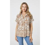 Izabel London Printed Button Down Short Sleeve Shirt - Beige - 8